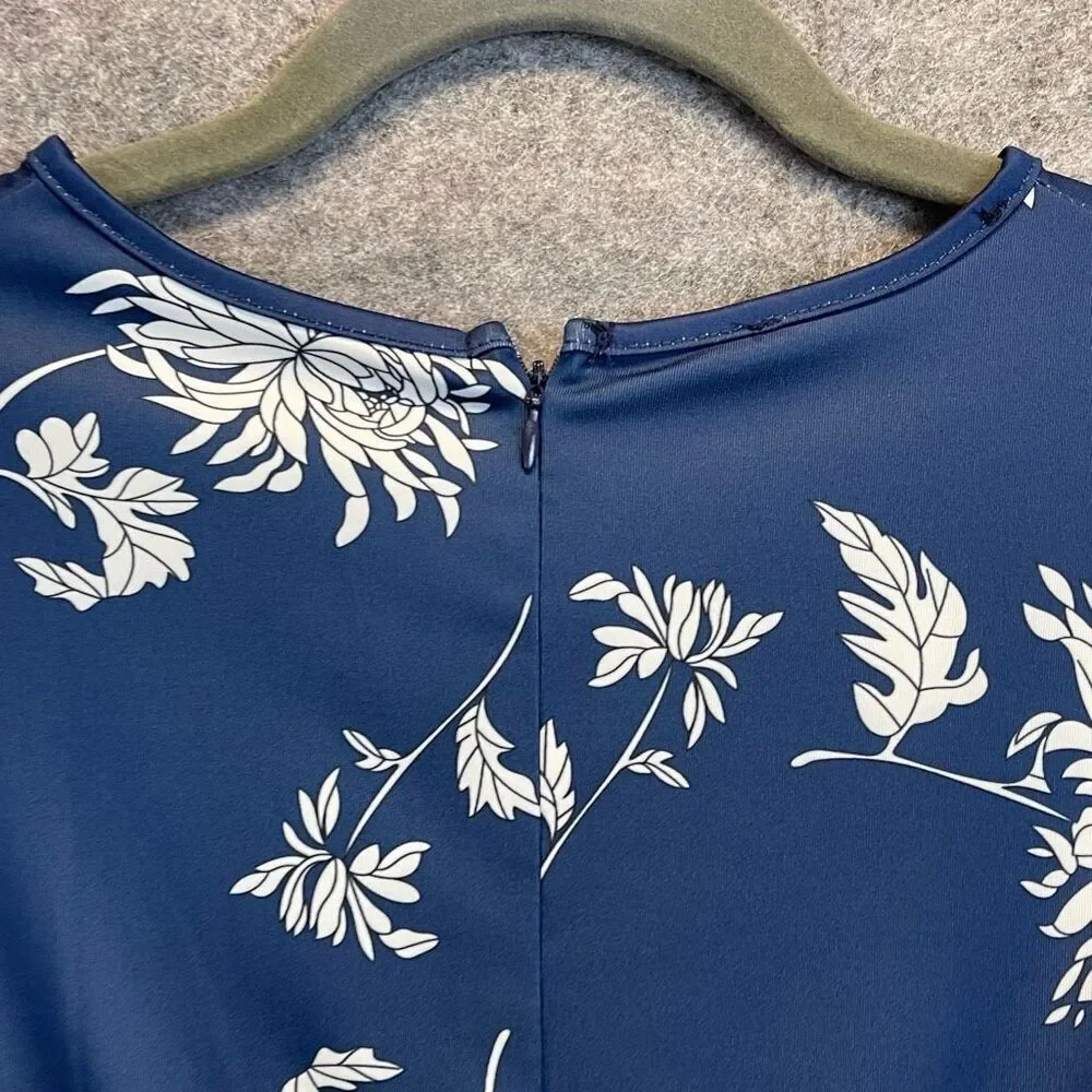 HOMEYEE Dress Size 2XL Blue White Floral Round Neck Midi A-Line Pleated Swing - Picture 10 of 16